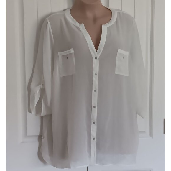 Plus Size Avenue White Button-Down Sheer Tunic Top 30/32 - Picture 1 of 6